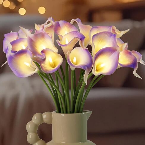 20pcs Artificial Calla Lily Bouquet Lamp Faux Floarl Night Light Real Touch Flower Night Lamp LED Calla Lily Lighted Artificial Flower for Her Gifts Home Kitchen Decor(Light Purple) in Kuwait