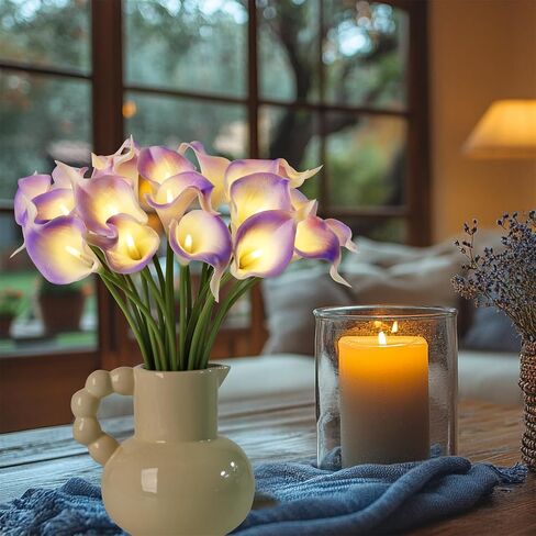 20pcs Artificial Calla Lily Bouquet Lamp Faux Floarl Night Light Real Touch Flower Night Lamp LED Calla Lily Lighted Artificial Flower for Her Gifts Home Kitchen Decor(Light Purple) in Kuwait