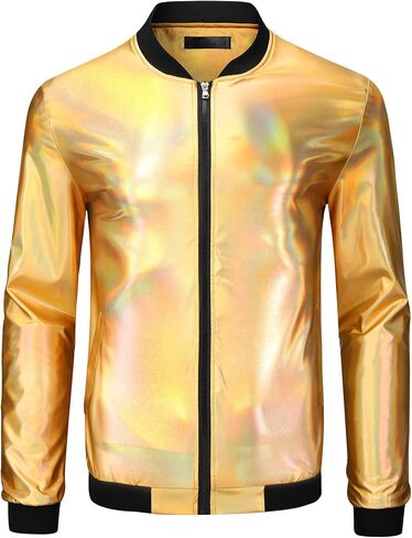 Lars Amadeus Holographic Baseball Jacket for Men's Zipper Disco Bomber Metallic Jacket in Saudi Arabia