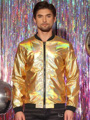Lars Amadeus Holographic Baseball Jacket for Men's Zipper Disco Bomber Metallic Jacket in Saudi Arabia