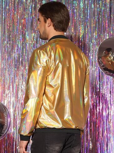 Lars Amadeus Holographic Baseball Jacket for Men's Zipper Disco Bomber Metallic Jacket in Saudi Arabia