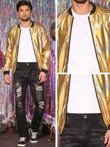 Lars Amadeus Holographic Baseball Jacket for Men's Zipper Disco Bomber Metallic Jacket in Saudi Arabia