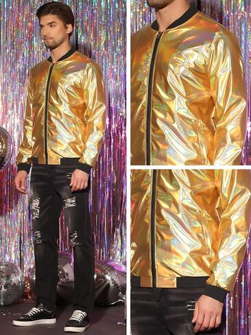 Lars Amadeus Holographic Baseball Jacket for Men's Zipper Disco Bomber Metallic Jacket in Saudi Arabia