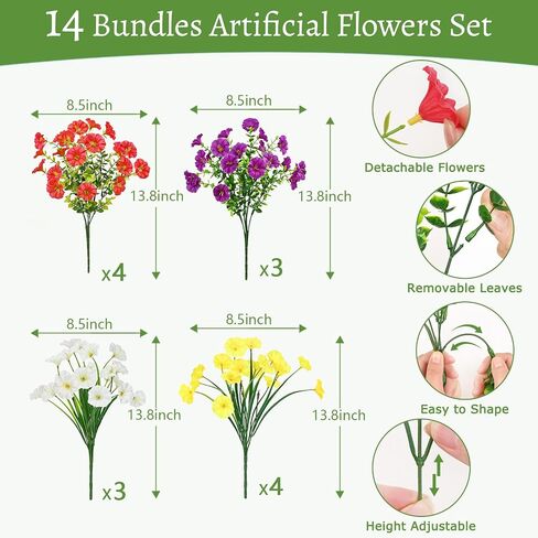 Artificial Flowers for Outdoors, 14 Bundles Fake Outdoor Flowers, UV Resistant Artificial Outdoor Plants & Flowers for Decoration, Colorful Morning Glory for Garden Porch Yard Patio, Mixed Color A in Saudi Arabia