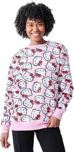 BioWorld Hello Kitty شخصية الرؤوس جميعها على الطباعة النسائية الوردي Crew Neck Long Sweeve Shirt in Saudi Arabia