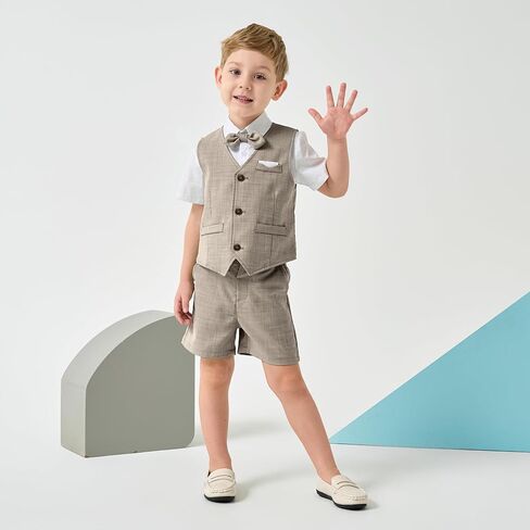 Volunboy Boys Summer Beach Wedding Guest Ring Bearer Outfit | toddler boy short suit, baby formal graduation dress clothes, short sleeve gentleman bowtie birthday photoshoot outfit in Saudi Arabia