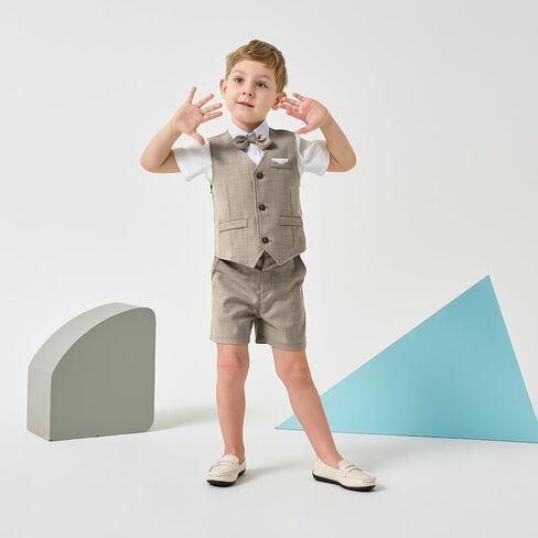 Volunboy Boys Summer Beach Wedding Guest Ring Bearer Outfit | toddler boy short suit, baby formal graduation dress clothes, short sleeve gentleman bowtie birthday photoshoot outfit in Saudi Arabia