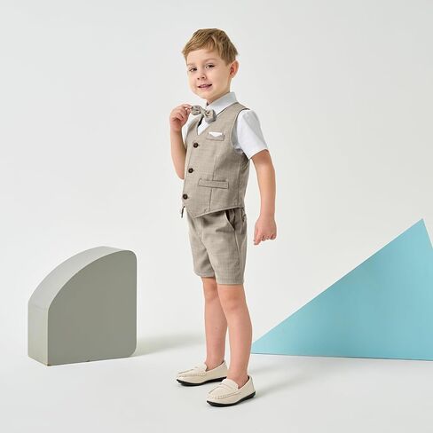 Volunboy Boys Summer Beach Wedding Guest Ring Bearer Outfit | toddler boy short suit, baby formal graduation dress clothes, short sleeve gentleman bowtie birthday photoshoot outfit in Saudi Arabia