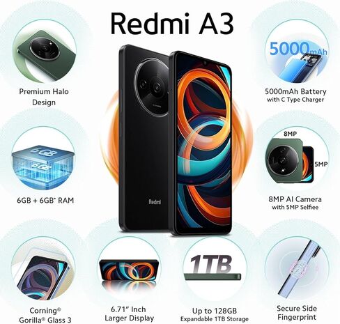 Xiaomi Redmi A3 4G 128GB + 4GB Global ROM Version (Tmobile Tello & Global) Factory Unlocked 6.71" 8MP Dual Camera + (Car Charger Dual USB 31W) (Forest Green Global ROM) in Saudi Arabia