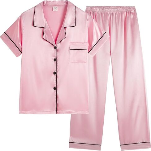 Vopmocld Girls Button Down Satin Pajama Sets Silky Short Sleeve Top & Pants Lounge Wear Teens Cozy Nightwear 2PCS PJS in Saudi Arabia