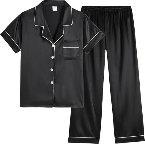 Vopmocld Girls Button Down Satin Pajama Sets Silky Short Sleeve Top & Pants Lounge Wear Teens Cozy Nightwear 2PCS PJS in Saudi Arabia