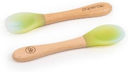 Paperclip Color-Changing Toddler Feeding Spork & Spoon Set - 100% BPA Free - Aurora Green (Aurora Green/Cloud Blue) in Saudi Arabia