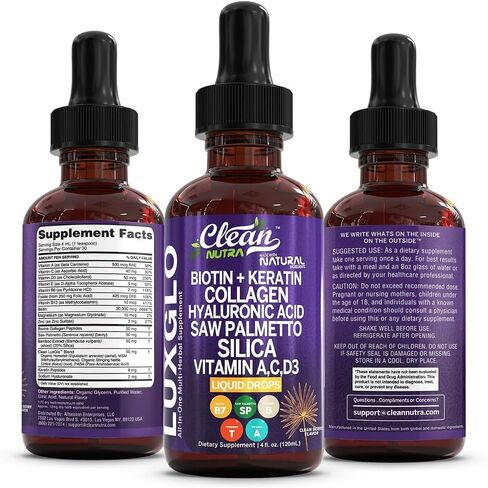 Biotin Liquid Drops Collagen Keratin Hyaluronic Acid Saw Palmetto for Hair Skin and Nails Silica Vitamin A C Vitamin D Bamboo Turmeric Zinc Folate Magnesium Horsetail LuxGlo by Clean Nutra in Saudi Arabia