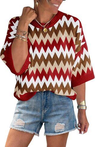 Saodimallsu Womens Color Block Striped Sweater Tops Summer Half Sleeve Crew Neck Strains Sould in Saudi Arabia