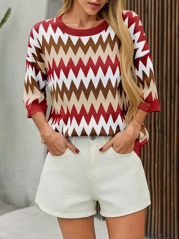 Saodimallsu Womens Color Block Striped Sweater Tops Summer Half Sleeve Crew Neck Strains Sould in Saudi Arabia