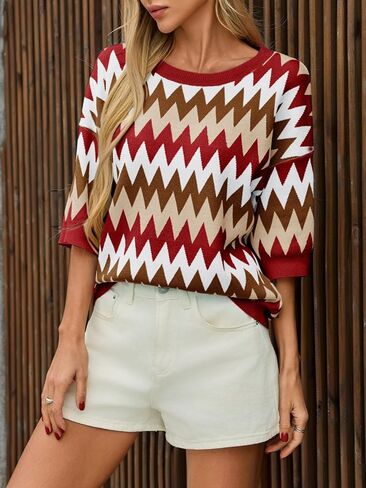 Saodimallsu Womens Color Block Striped Sweater Tops Summer Half Sleeve Crew Neck Strains Sould in Saudi Arabia
