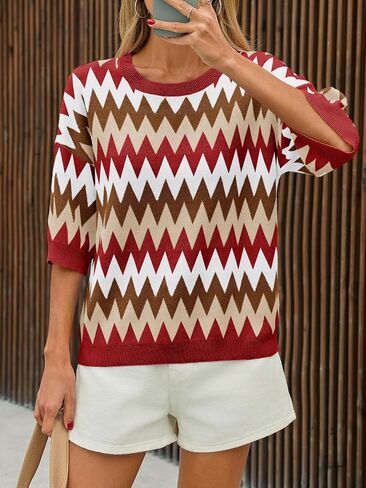 Saodimallsu Womens Color Block Striped Sweater Tops Summer Half Sleeve Crew Neck Strains Sould in Saudi Arabia