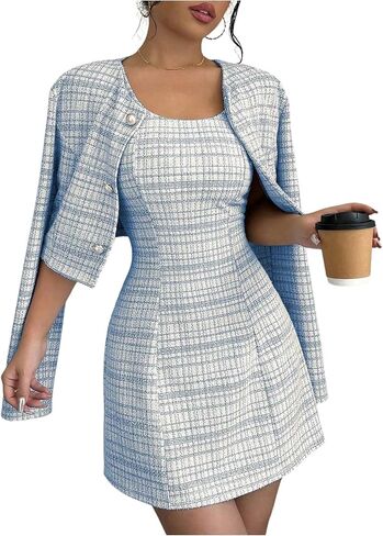 SOLY HUX Women's 2 Piece Outfits Plaid Long Sleeve Button Down Cropped Jacket and Sleeveless Mini Dress Sets in Kuwait