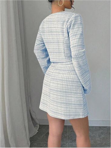 SOLY HUX Women's 2 Piece Outfits Plaid Long Sleeve Button Down Cropped Jacket and Sleeveless Mini Dress Sets in Kuwait