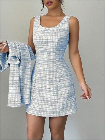 SOLY HUX Women's 2 Piece Outfits Plaid Long Sleeve Button Down Cropped Jacket and Sleeveless Mini Dress Sets in Kuwait