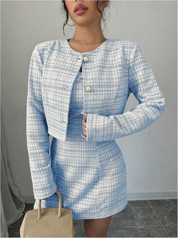SOLY HUX Women's 2 Piece Outfits Plaid Long Sleeve Button Down Cropped Jacket and Sleeveless Mini Dress Sets in Kuwait