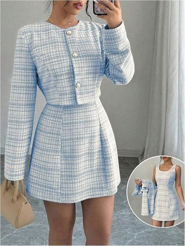 SOLY HUX Women's 2 Piece Outfits Plaid Long Sleeve Button Down Cropped Jacket and Sleeveless Mini Dress Sets in Kuwait
