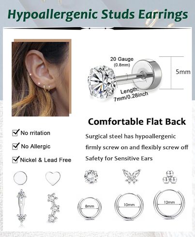 10pairs 14K الذهب المطلي بالذهب هيبوالرجينيك جراحية من الصلب الأقراط المسطح للآذان الحساسة 20g غضروف الأقراط in Kuwait