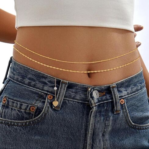 Gold Waist Chain for Women, 14K Gold/Silver Plated Layered Waist Beads Chain Adjustable Pearl Satellite Beads Belly Summer Non Tarnish Body Chain Jewelry Gifts for Women in Kuwait