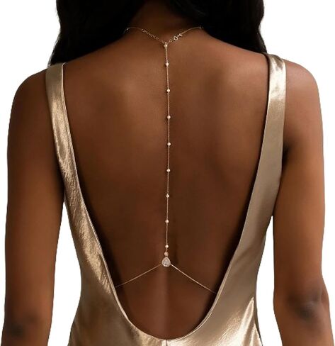 Rhinestone Back Necklace for Backless Dress - Bridal Wedding Pearl Backdrop Jewelry Crystal Long Body Chain Simple Waist Chain for Women in Saudi Arabia