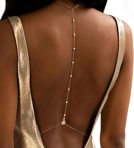 Rhinestone Back Necklace for Backless Dress - Bridal Wedding Pearl Backdrop Jewelry Crystal Long Body Chain Simple Waist Chain for Women in Saudi Arabia