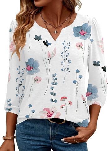 LUYAA 3/4 Length Sleeve Womens Tops Dressy Casual V-Neck Puff Sleeve Blouses Business Work Tunic Shirt S-XXL in Saudi Arabia