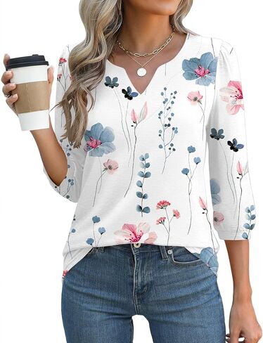 LUYAA 3/4 Length Sleeve Womens Tops Dressy Casual V-Neck Puff Sleeve Blouses Business Work Tunic Shirt S-XXL in Saudi Arabia