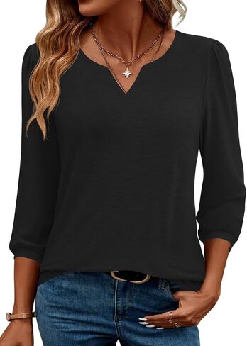 LUYAA 3/4 Length Sleeve Womens Tops Dressy Casual V-Neck Puff Sleeve Blouses Business Work Tunic Shirt S-XXL in Saudi Arabia