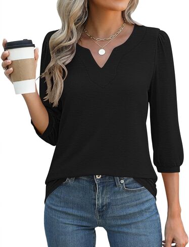 LUYAA 3/4 Length Sleeve Womens Tops Dressy Casual V-Neck Puff Sleeve Blouses Business Work Tunic Shirt S-XXL in Saudi Arabia