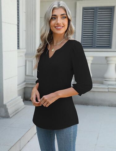 LUYAA 3/4 Length Sleeve Womens Tops Dressy Casual V-Neck Puff Sleeve Blouses Business Work Tunic Shirt S-XXL in Saudi Arabia