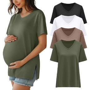 Huukeay 4 Pack Women's Maternity Shirts V Neck Short Sleeve Pregnancy Tops Blouses Split Side Loose Fit Pregnant Tunic Tee