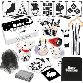 Joyreal High Contrast Baby Toys for Newborn, Black and White Baby Sensory Toys with Car Seat Toys,Infant Toys with Black White Cards Book, Montessori Toys for Baby Gifts