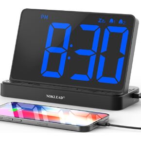 Noklead Digital Allad for Bedroom: شاشة LED كبيرة بحجم 6.5 بوصة ، سطوع بدون خطوة ، غفوة 9 دقائق ، منفذ شحن USB ، إنذار 2 مع 5 نغمة 3 مجلدات ، سهلة الاستخدام لكبار السن (الأسود)
