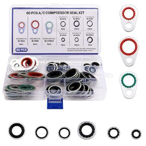 60pcs Car A/C Compressor Gasket Kit, Nitrile Rubber O-Ring Seals, 9 Models, Red, Green, Black, Silver, 60 Count