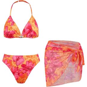 GORGLITTER Girl's 3 Piece Boho Floral Bikini Set Backless Triangle Top Hipster Swimsuit with Beach Skirt