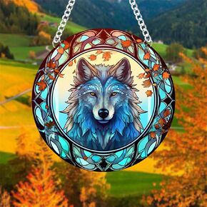 WOHAHA Wolf Stained Acrylic Window Hanging Panels Indoor Outdoor Round Windows Hanger Kitchen Bedroom Garden Wall Art Decor Gifts for Women Mom Grandma Teacher