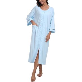 ردية نسبة القطن النسائية بنسبة 100 ٪ من السحاب 3/4 كم معطف منزل zip up Housecoat دافئة طويلة الطول ملابس مع جيوب in Kuwait