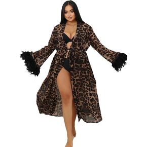 ohyeah Lace Kimono Robe Leopard Print Robe Sexy Lingerie for Women Long Lace Cover Up Gown Lingerie Feather Lace Trim Sheer Robe 2XL