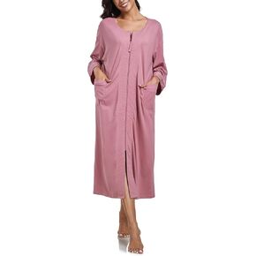 CF Women's 100% Cotton Zipper Robes 3/4 Sleeve House Coat Zip Up Housecoat Warm Full Length Loungewear with Pockets