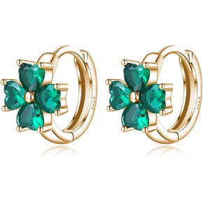 Reffeer Solid 925 Sterling Silver CZ Leaf Hoop Earrings Clover for Women Teens Shamrock Earrings Hoops Clover Leaves