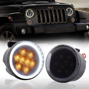JK Turn Signal Lights with White DRL Halo Amber LED Front Grill Signal Parking Light for 2007-2017 Jeep Wrangler JK JKU