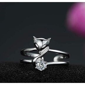 Lzz Plated 925 Silver Ring Fox Ring Cute Animal Adjustable Crystal Ring Inlaid White Cubic Zirconia Ring