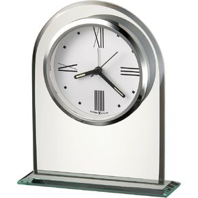 Howard Miller Regent Table Clock - ساعة إنذار على الطاولة الحديثة مع قوس زجاجي مشطوف وحركة الكوارتز والهجات البيضاء والأسود - ساعة مكتب زخرفية لغرفة النوم وغرفة المعيشة والمكتب