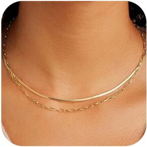 Layered Gold Necklaces for Women - 18K Gold Plated Herringbone Paperclip Chain Pearl Cuban Twist Rope Chain Necklace Waterproof Jewelry Dainty Choker Necklace Gold Jewelry for Women Gifts in Kuwait