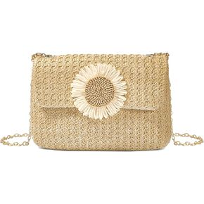 Women Straw Crossbody Bag Beach Handmade Rattan Shoulder Bags Flower Straw Clutch Purse for Summer Vacation